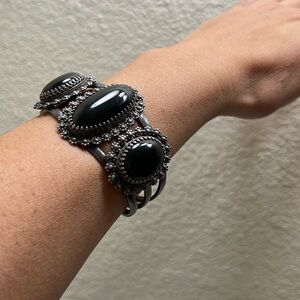 Native American Sterling Silver and Onyx Cuff Three Stones Signed Southwestern